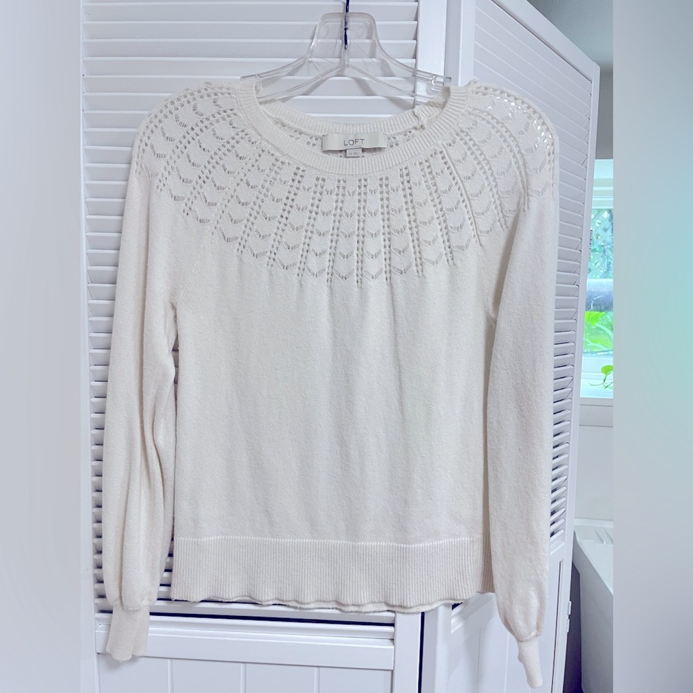 LOFT crochet knit collar sweater in ivory / white XS